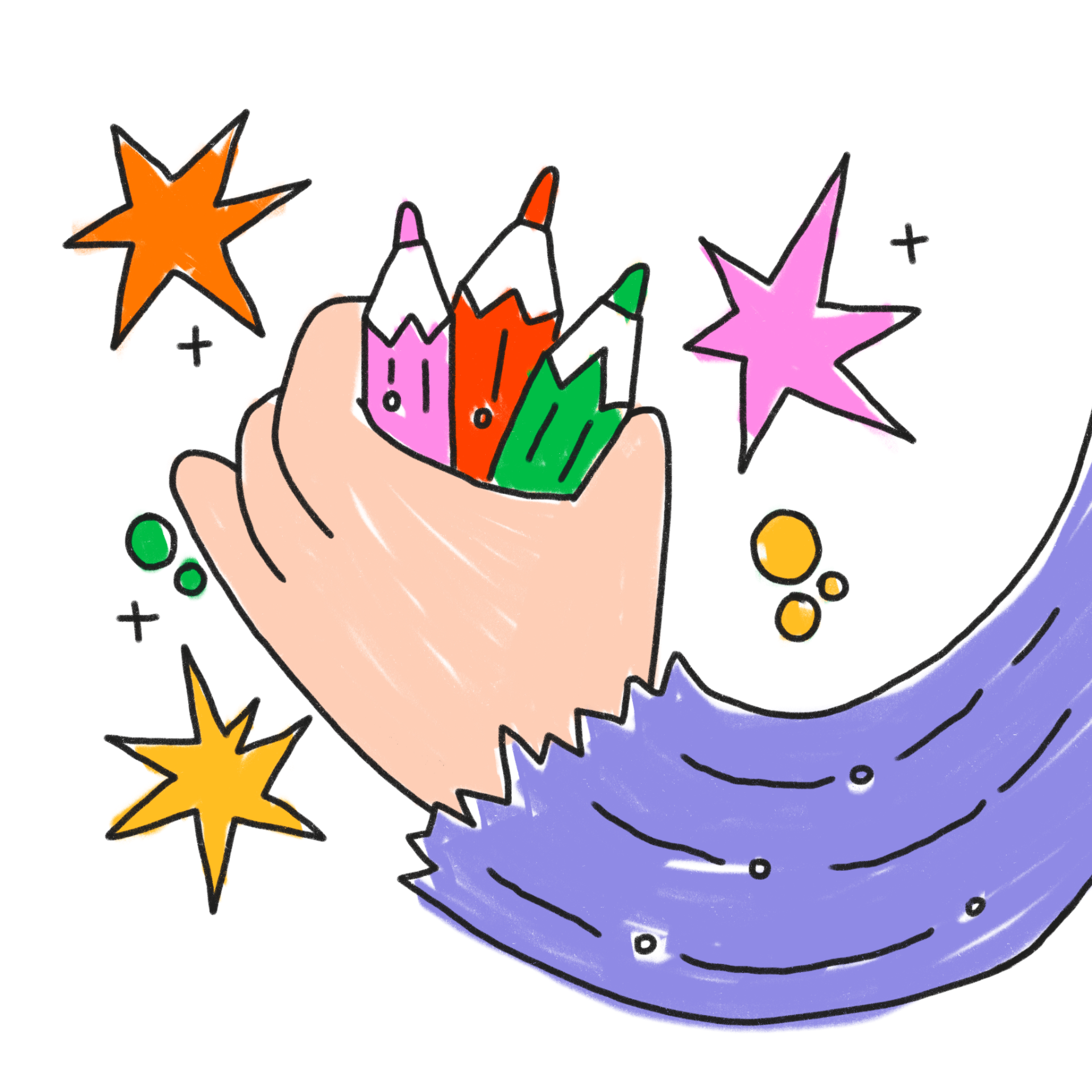 Hand holding a bunch of coloured pencils