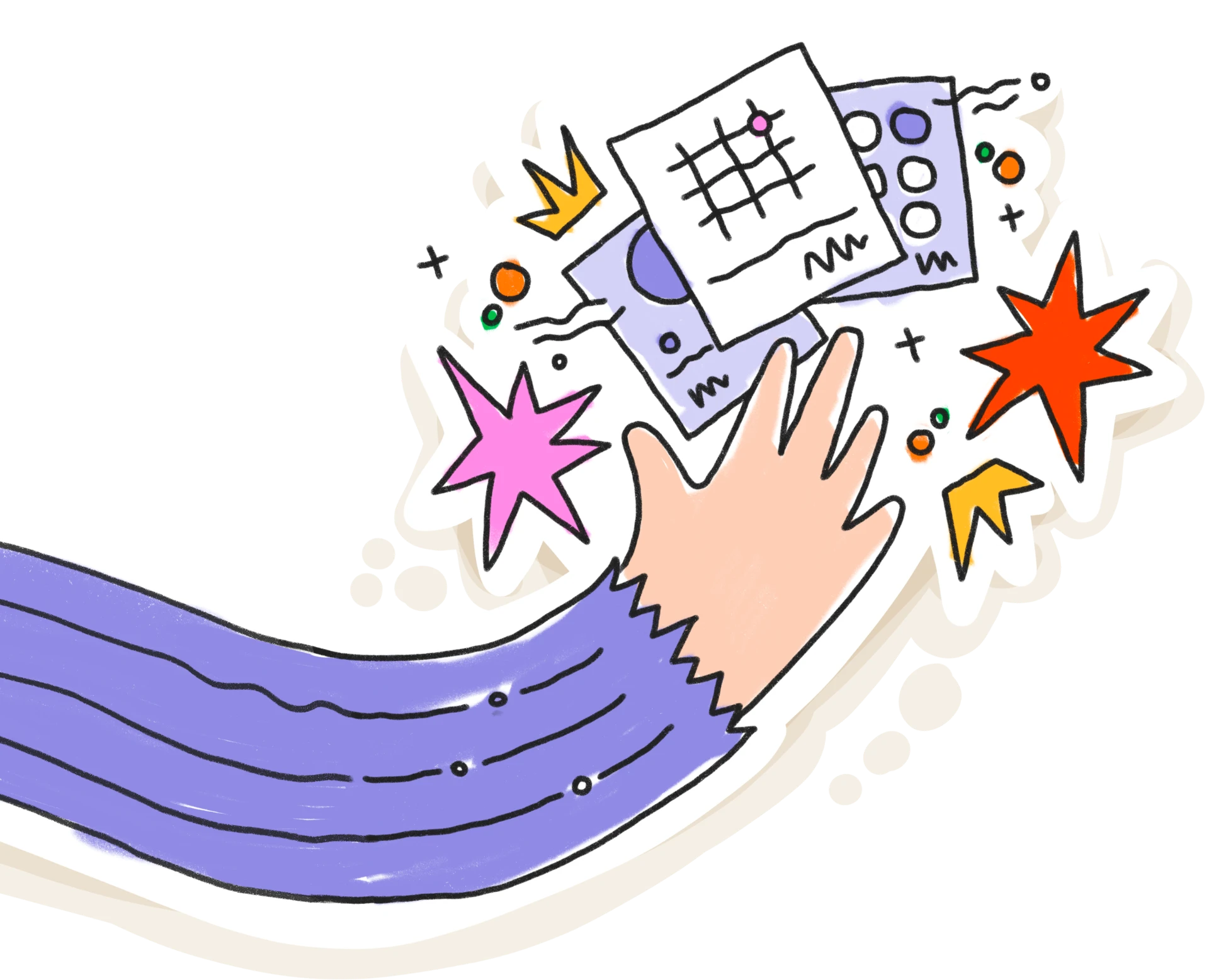 A purple-sleeved arm reaching toward idea cards and colourful stars