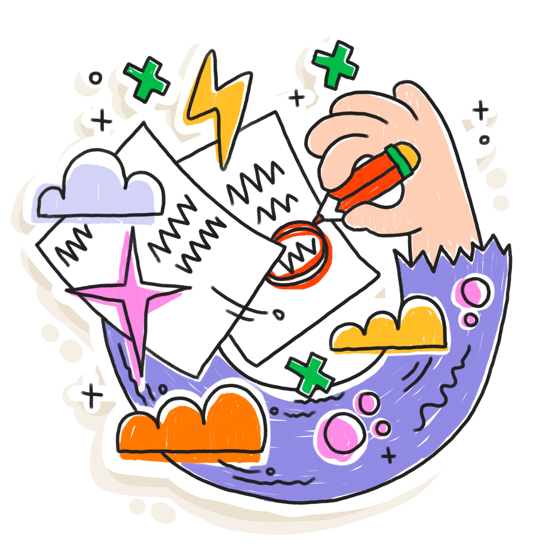 A hand circling an idea among notes, clouds and colourful marks